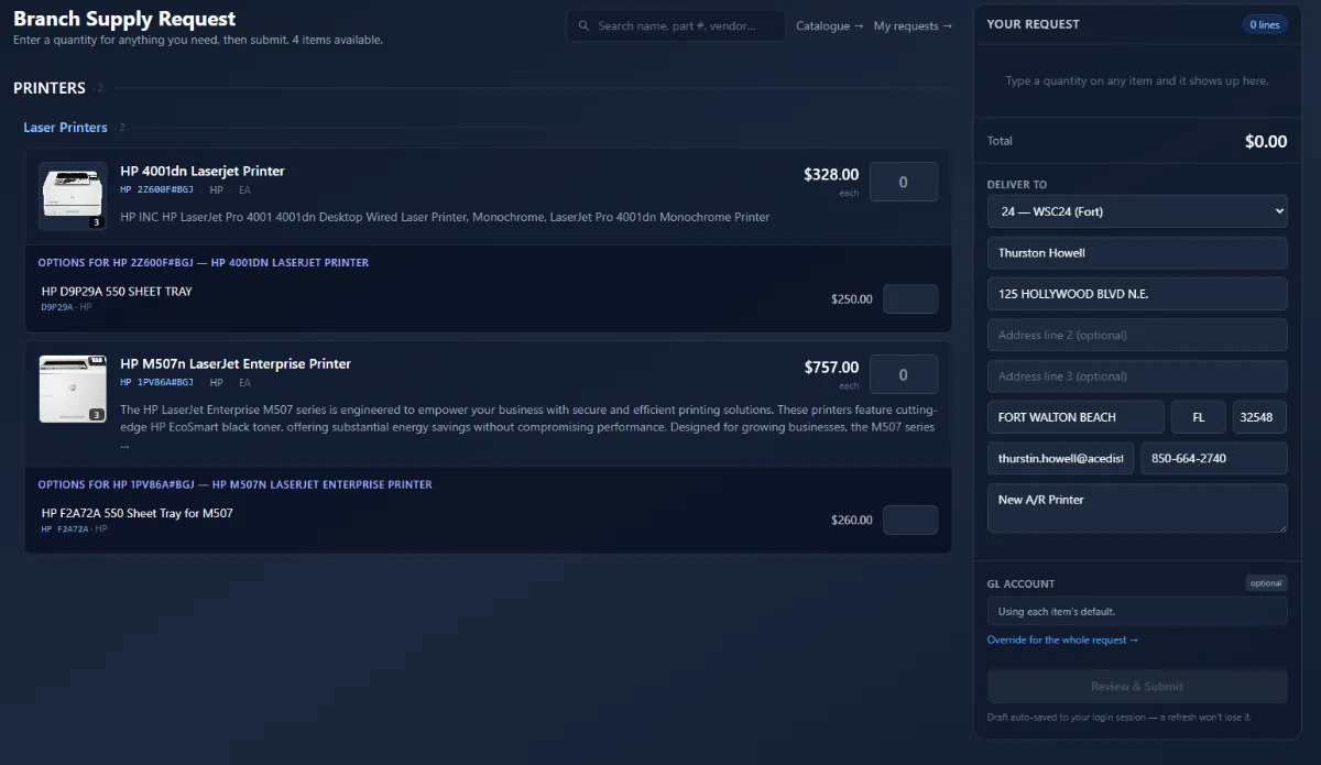 mro54 catalog and request screen