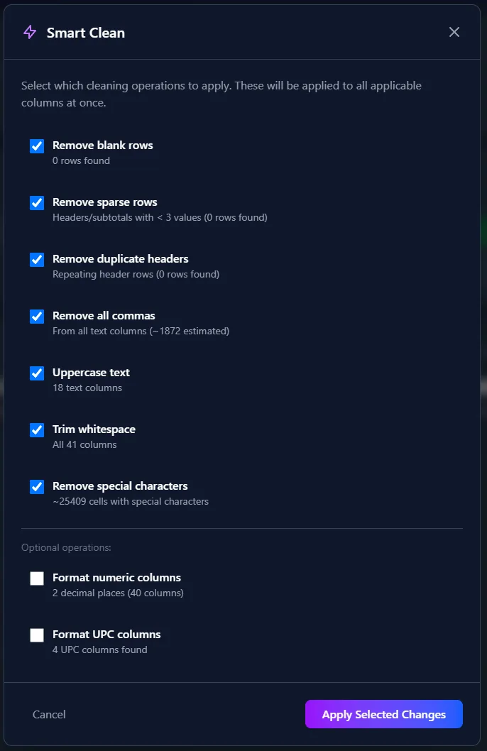 prep54 — Smart Clean dialog selecting data-cleaning operations to apply